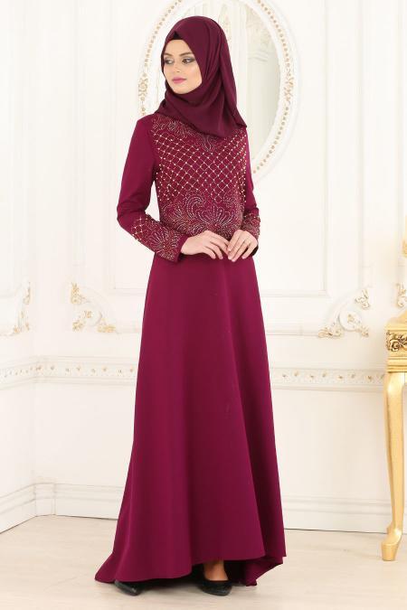 Nayla Collection - Boncuklu Fuşya Tesettür Abiye Elbise 20070F - 2