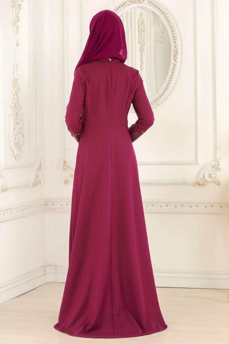 Nayla Collection - Boncuklu Fuşya Tesettür Abiye Elbise 20070F - 3