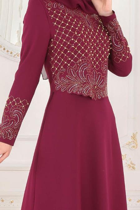 Nayla Collection - Boncuklu Fuşya Tesettür Abiye Elbise 20070F - 4