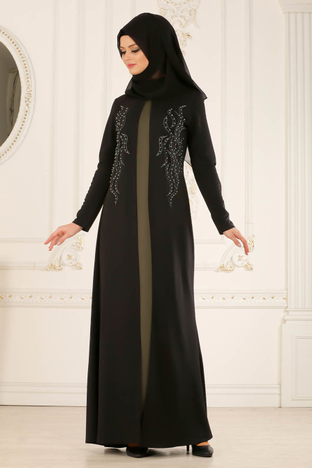Nayla Collection - Boncuklu Haki / Siyah Tesettür Elbise 12009HK