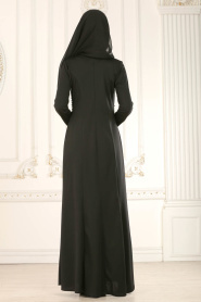 Nayla Collection - Boncuklu Haki / Siyah Tesettür Elbise 12009HK - Thumbnail