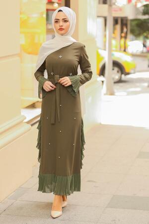 Nayla Collection - Boncuklu Haki Tesettür Elbise 3172HK - 1