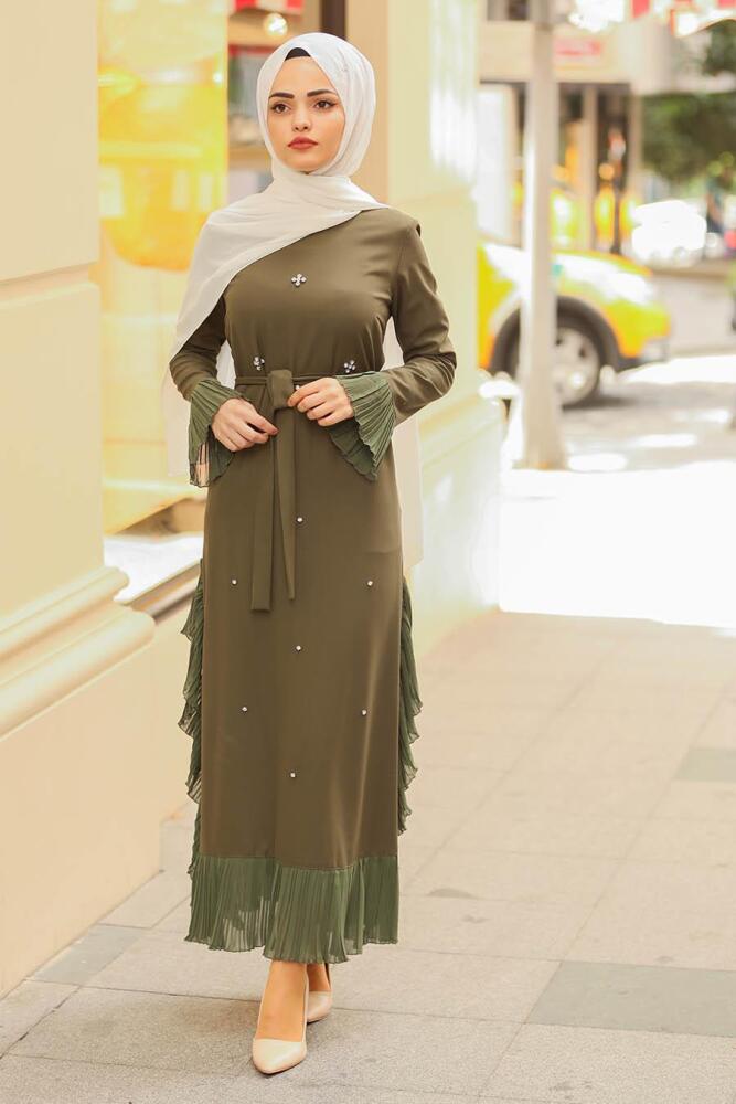 Nayla Collection - Boncuklu Haki Tesettür Elbise 3172HK - 1