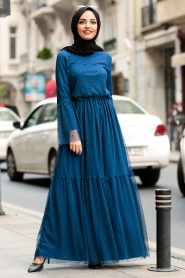 Nayla Collection - Boncuklu İndigo Mavisi Tesettür Elbise 100412IM - Thumbnail