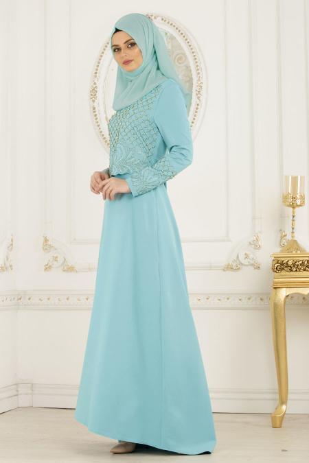 Nayla Collection - Boncuklu Mint Tesettür Abiye Elbise 20070MINT - 2
