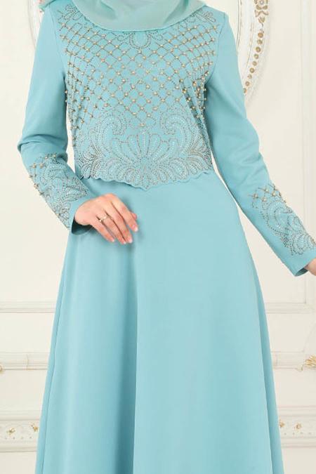 Nayla Collection - Boncuklu Mint Tesettür Abiye Elbise 20070MINT - 3