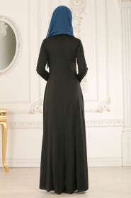 Nayla Collection - Boncuklu Petrol Mavisi / Siyah Tesettür Elbise 12009PM - Thumbnail