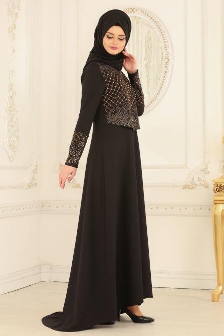 Nayla Collection - Boncuklu Siyah Tesettür Abiye Elbise 20070S - 2