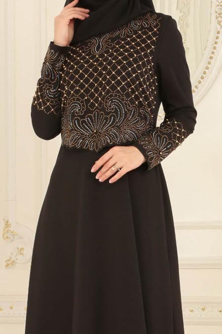 Nayla Collection - Boncuklu Siyah Tesettür Abiye Elbise 20070S - 4