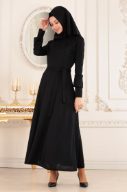 Nayla Collection - Boncuklu Siyah Tesettür Elbise 30401S - Thumbnail