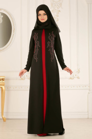 Nayla Collection - Boncuklu Vişne / Siyah Tesettür Elbise 12009VSN - Thumbnail