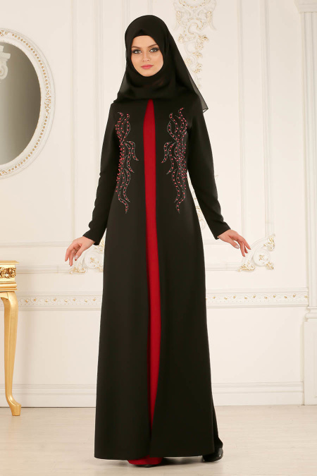 Nayla Collection - Boncuklu Vişne / Siyah Tesettür Elbise 12009VSN