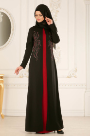 Nayla Collection - Boncuklu Vişne / Siyah Tesettür Elbise 12009VSN - Thumbnail