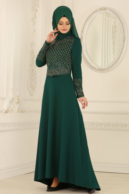 Nayla Collection - Boncuklu Yeşil Tesettür Abiye Elbise 20070Y