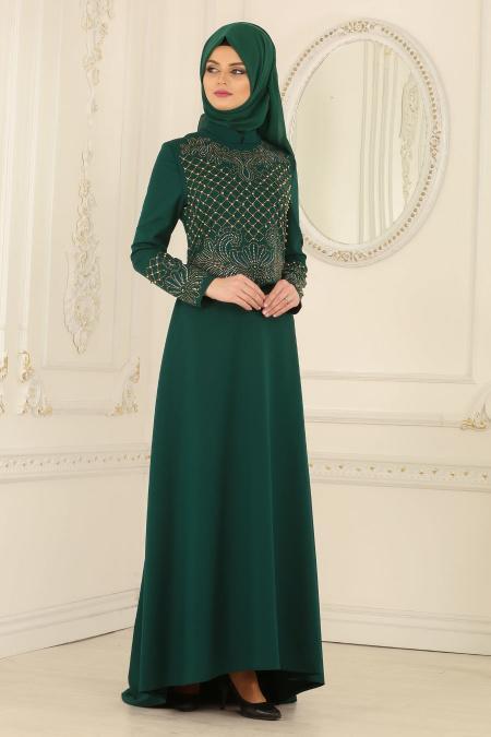 Nayla Collection - Boncuklu Yeşil Tesettür Abiye Elbise 20070Y - 2