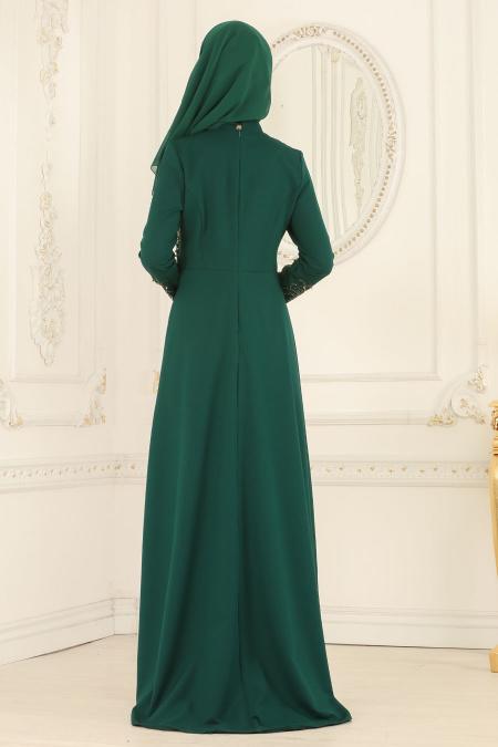 Nayla Collection - Boncuklu Yeşil Tesettür Abiye Elbise 20070Y - 3