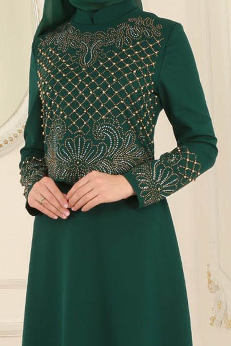 Nayla Collection - Boncuklu Yeşil Tesettür Abiye Elbise 20070Y - 4