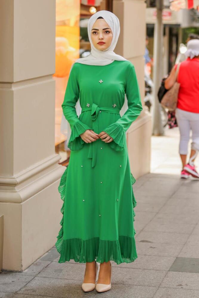 Nayla Collection - Boncuklu Yeşil Tesettür Elbise 3172Y - 1