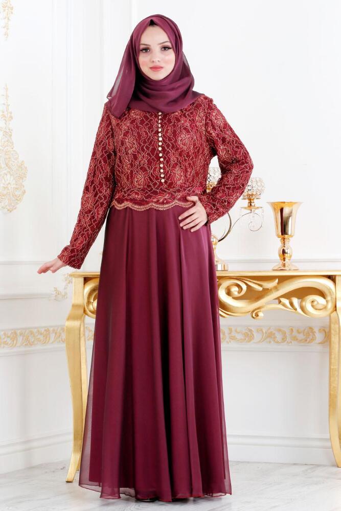 Tesettürlü Abiye Elbise - Bordo Tesettür Abiye Elbise 79601BR - 1