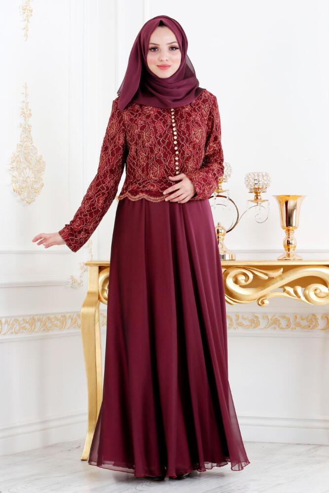 Tesettürlü Abiye Elbise - Bordo Tesettür Abiye Elbise 79601BR - 2