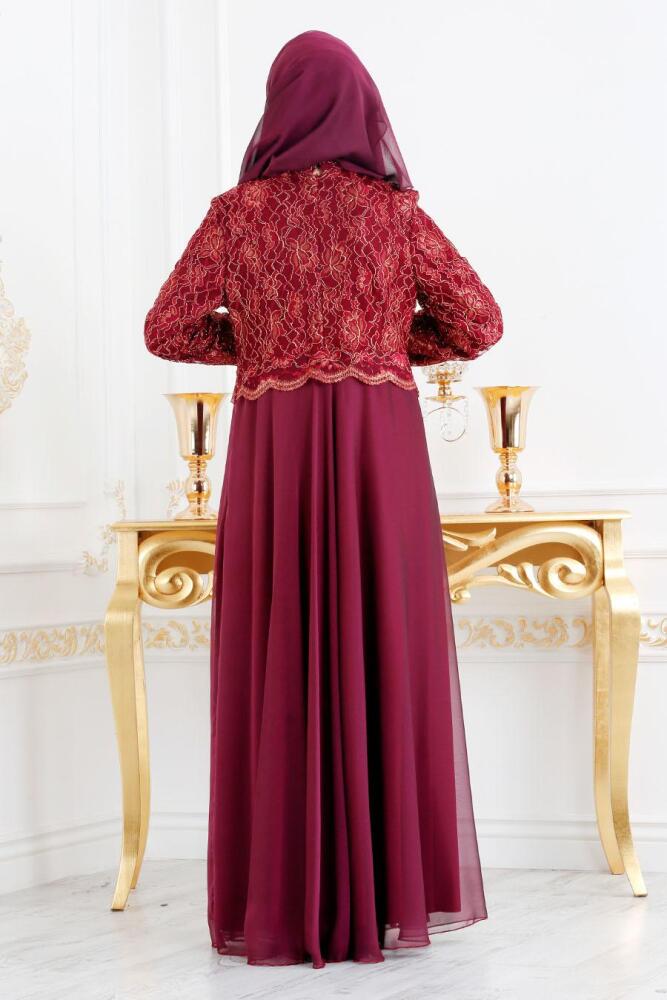 Tesettürlü Abiye Elbise - Bordo Tesettür Abiye Elbise 79601BR - 3