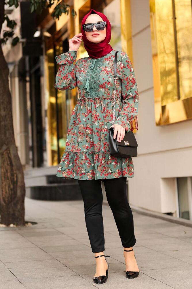 Nayla Collection - Büzgülü Çağla Yeşili Tesettür Tunik 3451CY - 1