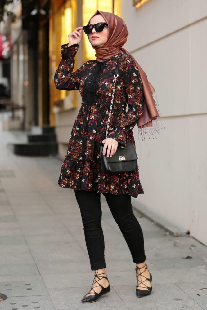 Nayla Collection - Büzgülü Siyah Tesettür Tunik 3451S - 1