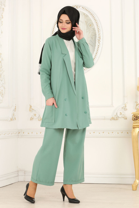 Nayla Collection - Çağla Yeşili Ceket / Pantolon Tesettür Takım 53530CY