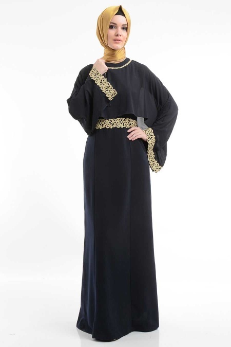 Nayla Collection - Caped Navy Blue Dress
