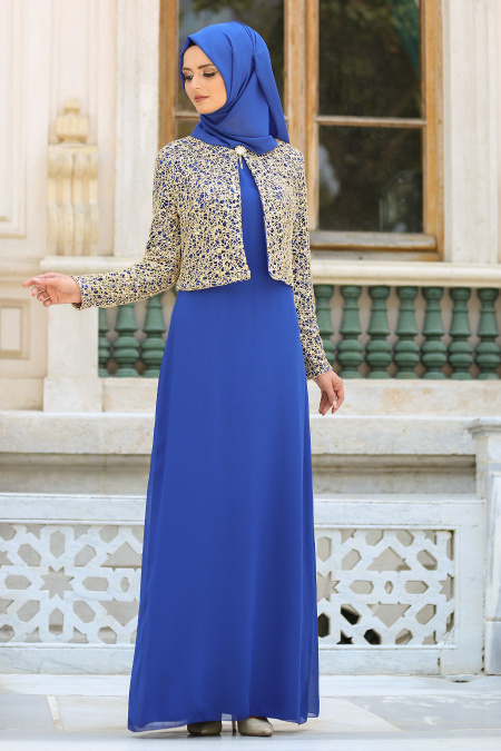 Nayla Collection - Ceketli Saks Mavisi Tesettür Abiye Elbise 2943SX