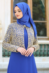 Nayla Collection - Ceketli Saks Mavisi Tesettür Abiye Elbise 2943SX - Thumbnail