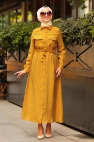 Nayla Collection - Cep Detaylı Düğmeli Hardal Tesettür Elbise 3664HR - Thumbnail