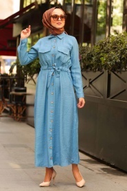 Nayla Collection - Cep Detaylı Düğmeli İndigo Mavisi Tesettür Elbise 3664IM - Thumbnail
