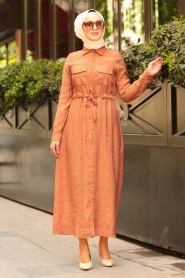 Nayla Collection - Cep Detaylı Düğmeli Kiremit Tesettür Elbise 3664KRMT - Thumbnail