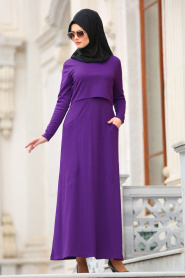 Nayla Collection - Cepli Mor Tesettür Elbise 42070MOR - Thumbnail