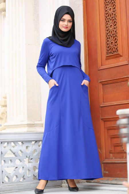 Nayla Collection - Cepli Saks Mavisi Tesettür Elbise 42070SX