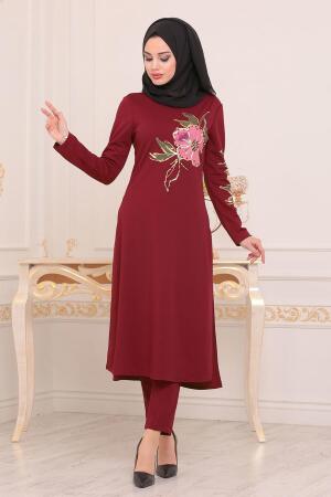 Nayla Collection - Çiçek Baskılı Tunik & Pantolon Bordo Tesettür Takım 100294BR - 1