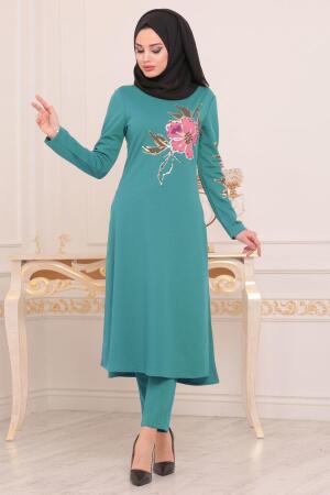 Nayla Collection - Çiçek Baskılı Tunik & Pantolon Çağla Yeşili Tesettür Takım 100294CY - 1