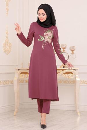 Nayla Collection - Çiçek Baskılı Tunik & Pantolon Gül Kurusu Tesettür Takım 100294GK - 1