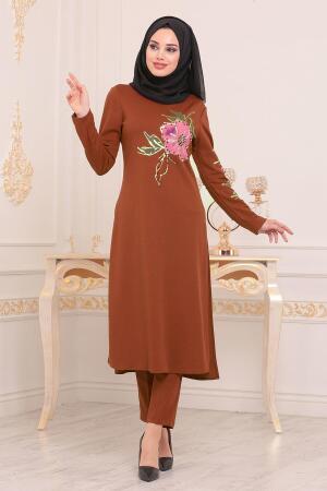 Nayla Collection - Çiçek Baskılı Tunik & Pantolon Taba Tesettür Takım 100294TB - 1