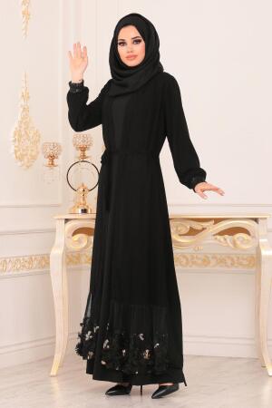Nayla Collection - Çiçek Deseni Gold Tesettür Abaya 9011GOLD - 1