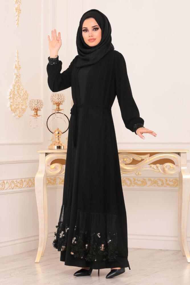 Nayla Collection - Çiçek Deseni Gold Tesettür Abaya 9011GOLD - 1
