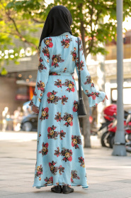 Nayla Collection - Çiçek Desenli Bebek Mavisi Tesettür Elbise 39050BM - Thumbnail