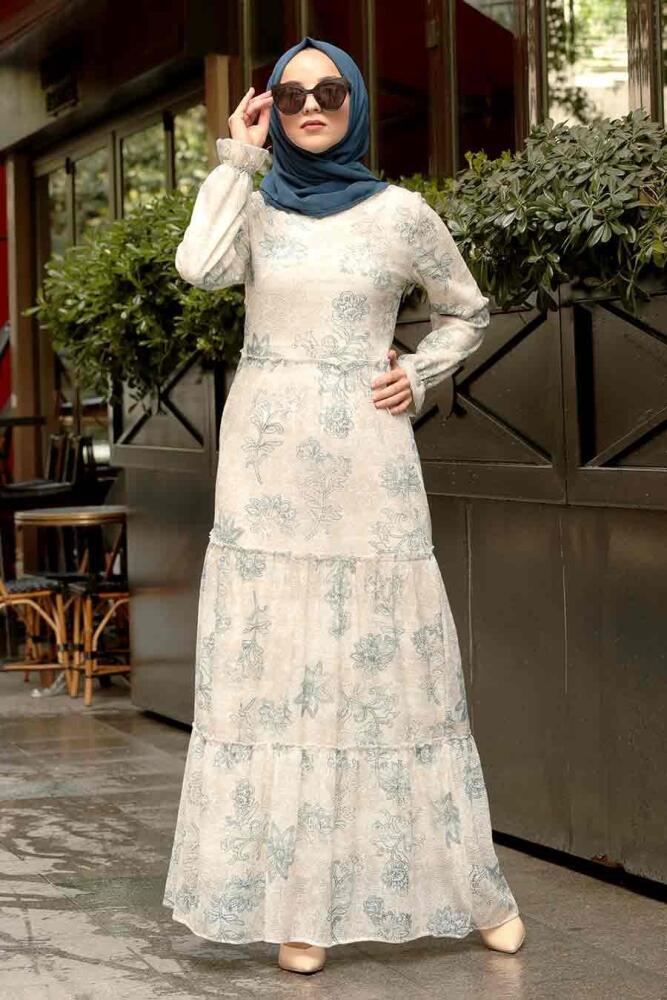 Nayla Collection - Çiçek Desenli Bej Tesettür Elbise 28850BEJ - 1