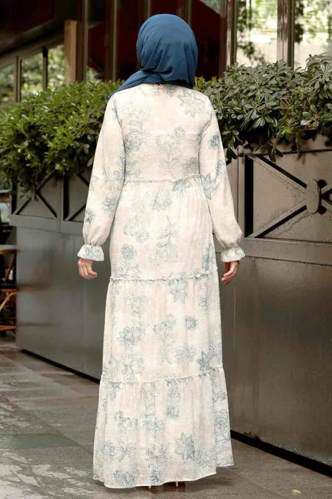 Nayla Collection - Çiçek Desenli Bej Tesettür Elbise 28850BEJ - 2