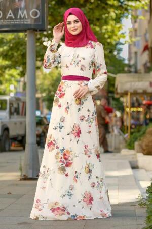 Nayla Collection - Çiçek Desenli Bej Tesettür Elbise 81539BEJ - 1