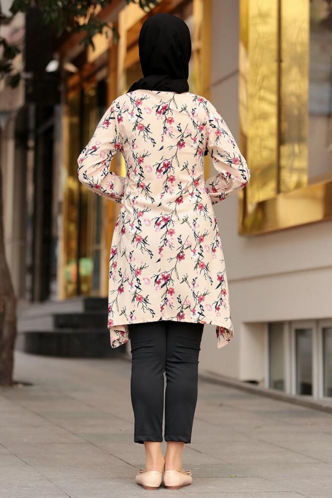 Nayla Collection - Çiçek Desenli Bej Tesettür Tunik 40451BEJ - 2