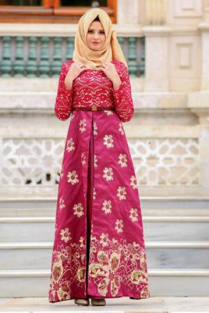 Nayla Collection - Çiçek Desenli Bordo Tesettür Abiye Elbise 82457BR - 1