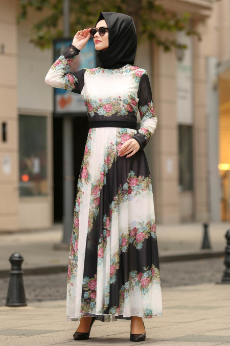 Nayla Collection - Çiçek Desenli Çağla Yeşili Tesettür Elbise 100432CY
