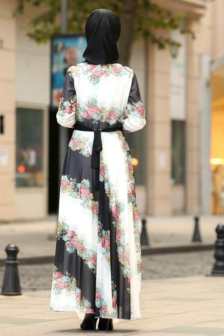 Nayla Collection - Çiçek Desenli Çağla Yeşili Tesettür Elbise 100432CY - 3